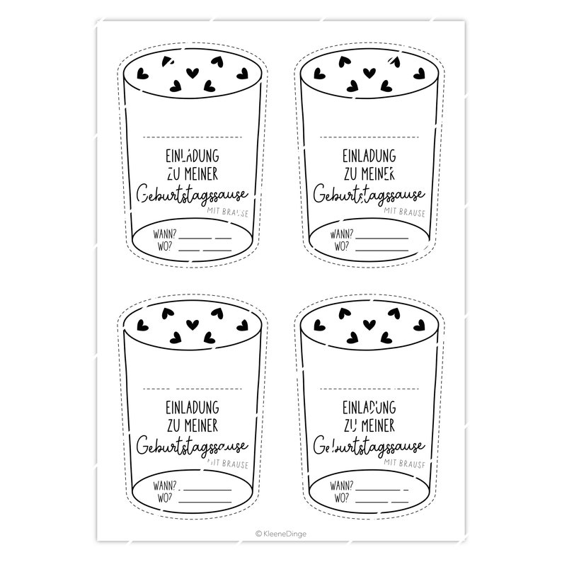 May include: Four printable black and white birthday party invitations with a glass of bubbly design. Each invitation has the text "Einladung zu meiner Geburtstagssause" with space to fill in the details of the party.