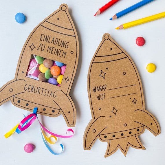 Schokolinsen-Rakete - A4 PDF Druckvorlage für Schokolade, Kindergeburtstagseinladung, Bastelvorlage, Einladung digital, Geburtstagseinladung