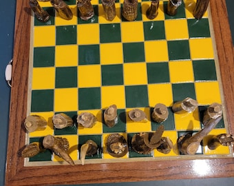 Green and yellow handmade chess board