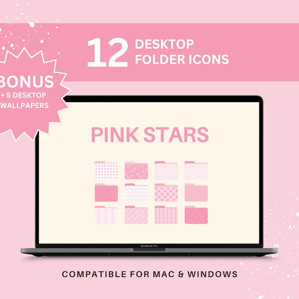 Desktop Folder Icons, Pink Stars, INSTANT DOWNLOAD, Aesthetic Organizer, Organized Computer, Student Productivity, Clutter Free Laptop