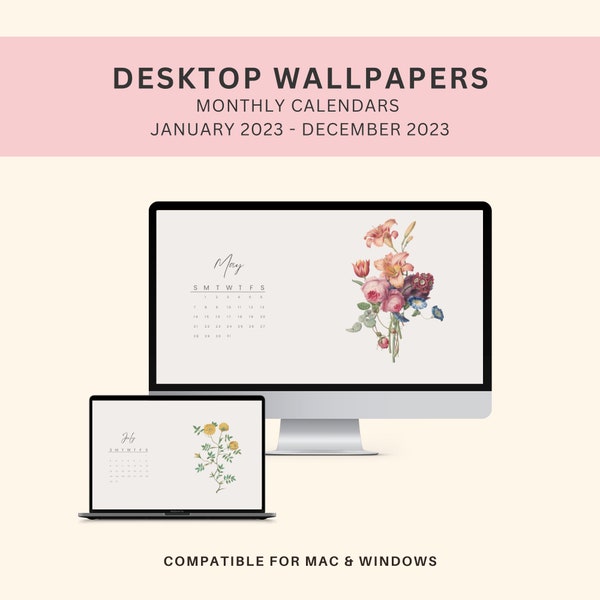Desktop Organizer Wallpaper 2023, Monthly Calendar, Watercolor Botanicals Computer Background, INSTANT DOWNLOAD, Organized Productivity