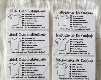 May include: Eight white rectangular labels with black text and a simple graphic of a t-shirt. The labels contain instructions for washing and caring for a shirt. The text on the labels reads "Shirt Care Instructions" and "Instruciones De Cuidado".