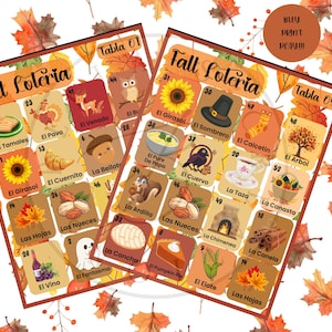 Lotería con temática de otoño/ Lotería de Acción de Gracias/ Lotería de Otoño/ 15 barajas/ 52 cartas/ Lotería lista para imprimir/