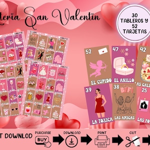 Valentinstag Loteria | Bingo Spiel| Spanische Loteria| 30 Tableros Para Jugar| 30 Tafeln| Sofort-PDF zum Drucken | Descarga al Instante| Digital