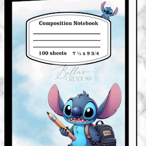 Puede incluir: Cuaderno de composición con un personaje de dibujos animados azul sosteniendo un lápiz. El cuaderno tiene 100 hojas y mide 19 x 24,8 cm. La portada incluye el texto "Composition Notebook" y "Bella's Creations".