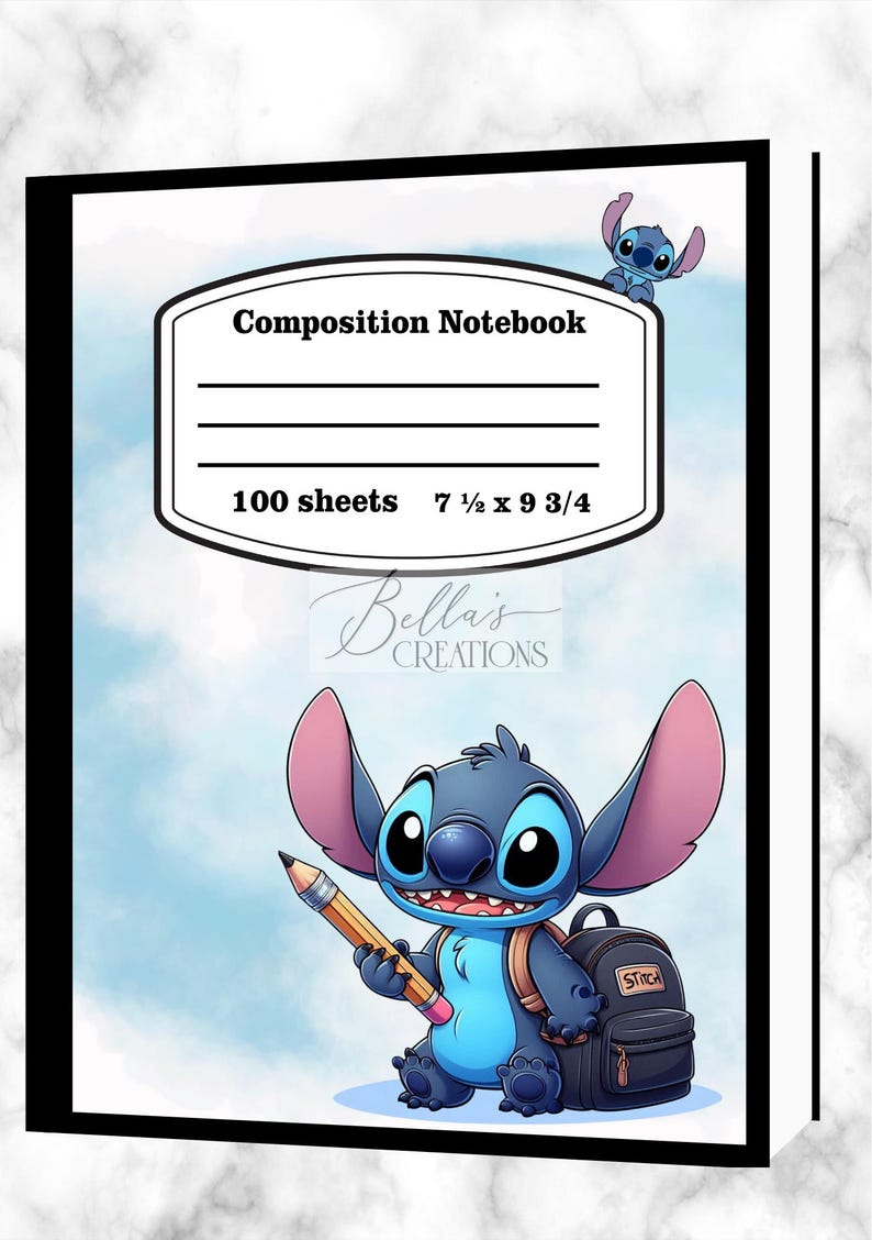 May include: Composition notebook featuring a blue cartoon character holding a pencil. The notebook has 100 sheets and measures 7 1/2 x 9 3/4 inches. The cover includes the text "Composition Notebook" and "Bella's Creations".