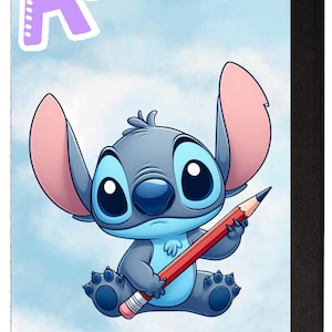 May include: Notebook featuring a cartoon illustration of Stitch holding a red pencil. The cover includes a large letter "A+" in purple with a yellow plus sign. The background is a light blue watercolor wash.