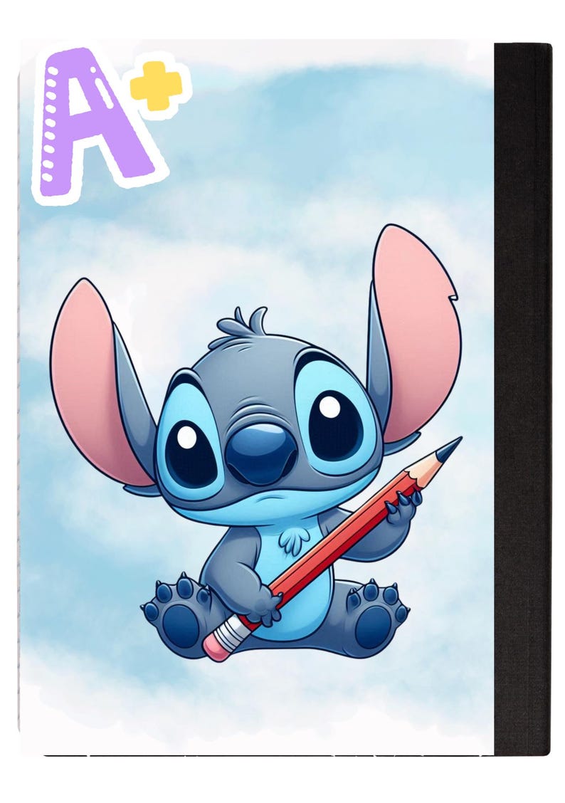 May include: Notebook featuring a cartoon illustration of Stitch holding a red pencil. The cover includes a large letter "A+" in purple with a yellow plus sign. The background is a light blue watercolor wash.
