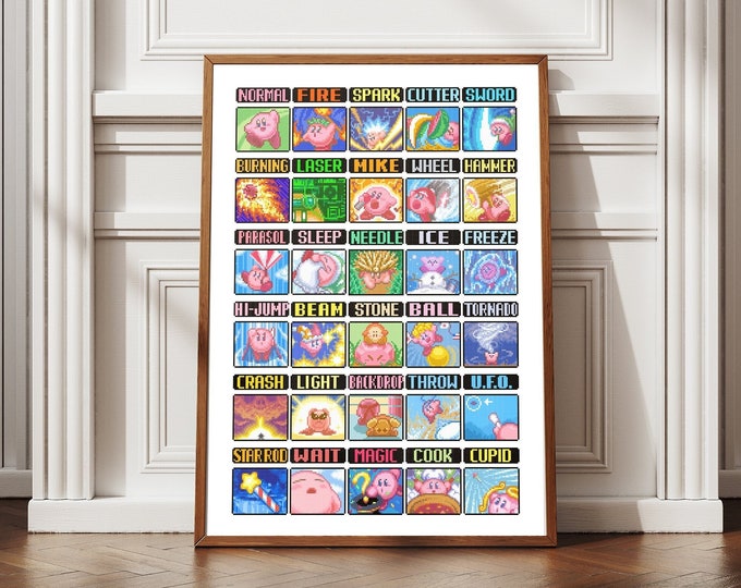 Kirby Video Game Powers Ability Minimal Pixel Sprite Art PRINTS
