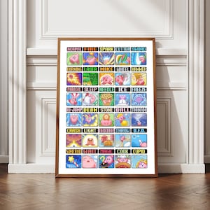 May include: A framed print featuring a grid of colorful pixel art illustrations. Each square showcases a different ability, with text labels like "Fire," "Spark," and "Sword." The artwork is set against a white background, with a wooden frame.
