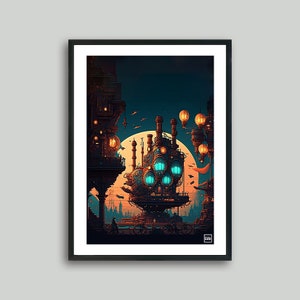 Steampunk Pixel City Aesthetic Gamer Wall Art Poster