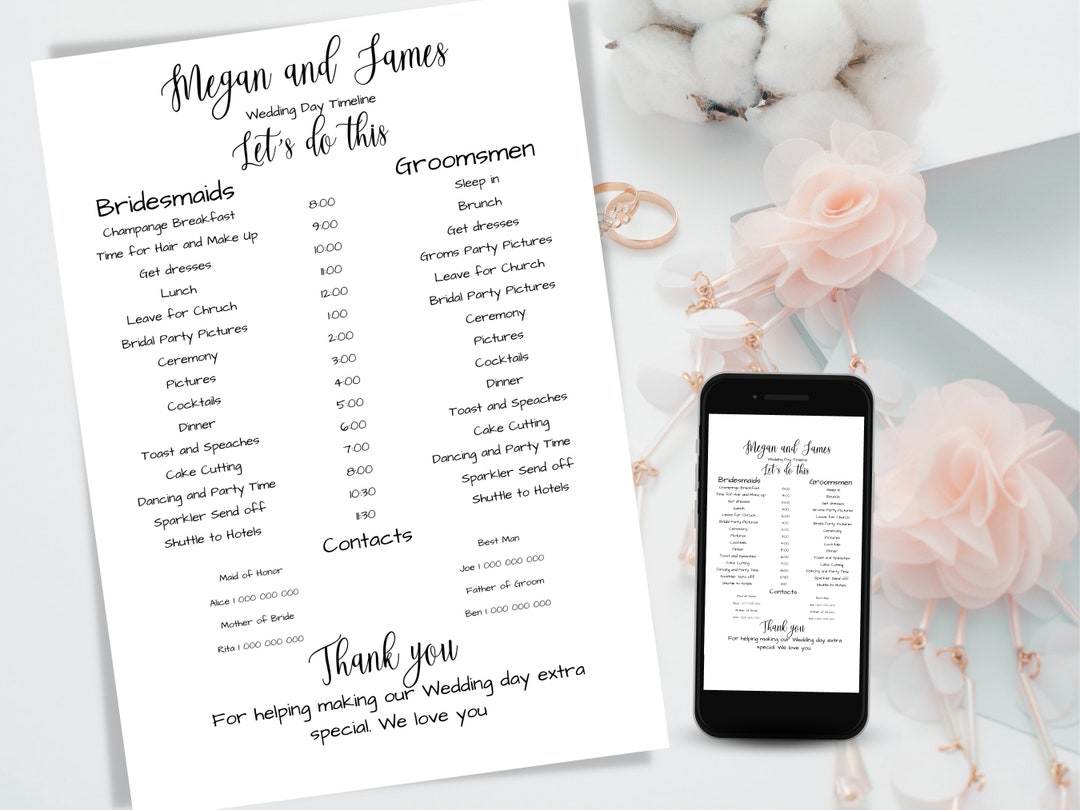 Bridal Party Timeline, Canva Template, Minimalist Wedding Order of ...