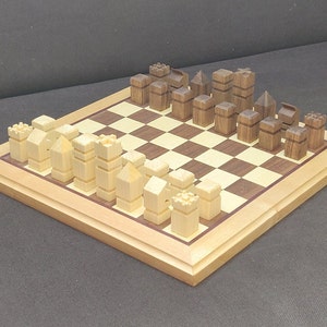 Handmade wooden chessboard with original and handcrafted chess pieces