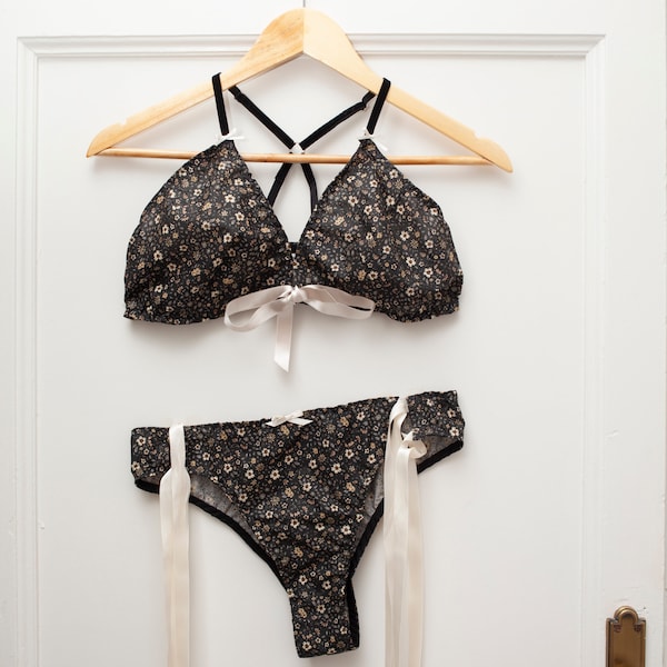 Handmade lingerie set: black floral bralette and tanga. Made of cotton. Available in S, M and L size. Made on demand.