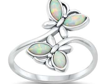 Quality 925 Sterling Silver with White Lab Opal Butterflies Ring