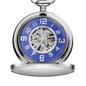 Winding Mechanical Pocket Watch with Silver Blue Dial Free Engraving image 1