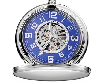 Winding Mechanical Pocket Watch with Silver Blue Dial- Free Engraving