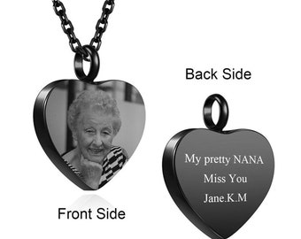 Personalized Black Stainless Steel Heart Urn Photo Pendant Necklace