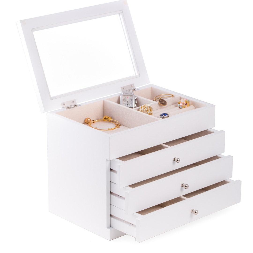Personalized Quality White Wood Jewelry Box With Glass Viewing Top Etsy