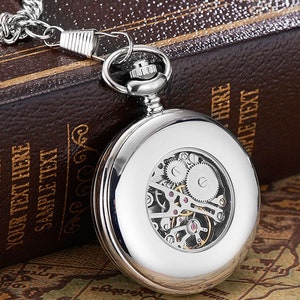 Winding Mechanical Pocket Watch with Silver Blue Dial Free Engraving image 3