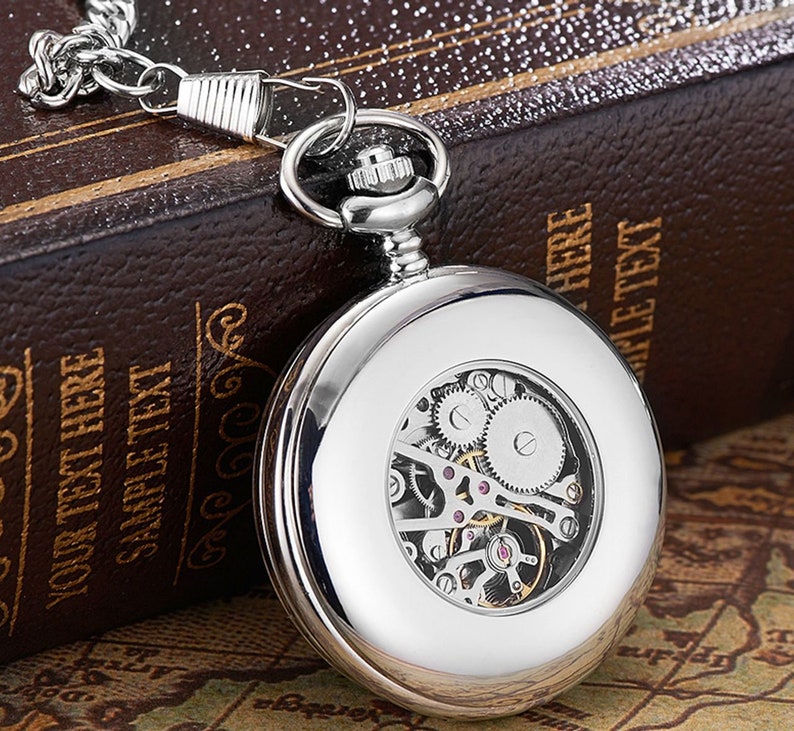 Winding Mechanical Pocket Watch with Silver Blue Dial Free Engraving image 3