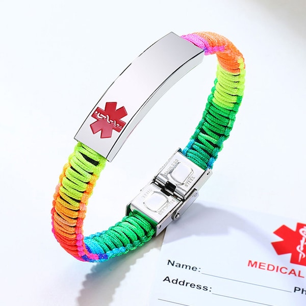 Personalized Rainbow Color Medical Alert ID Bracelet-Free Engraving