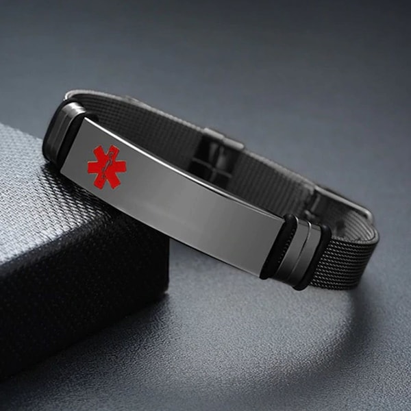 Personalized Black Stainless Steel Medical ID Adjustable Bracelet