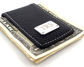 Personalized Black Gentry Leather Magnetic Money Clip - Free Engraving