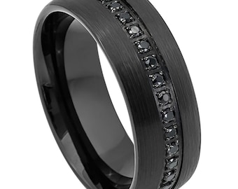 Personalized Domed Black IP Plated Black CZ Eternity Tungsten Ring - Free Engraving