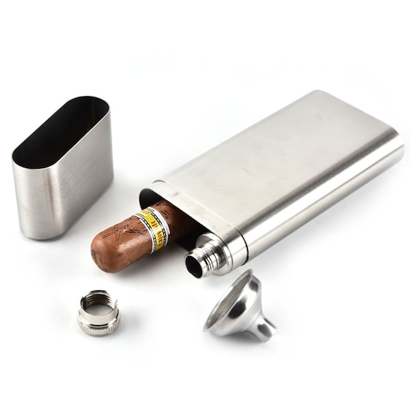 Personalized 3 in 1 Stainless Steel Portable 2oz Flask and Two Cigars Holder