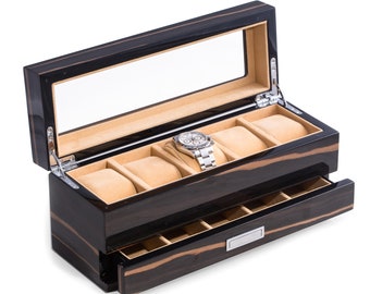 Personalized Lacquered Ebony Wood 5 watch box with Glass Top