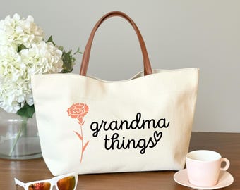 Grandma Things Canvas Tote Bag, Custom Birth Flower, White | Black, New Grandma Gift