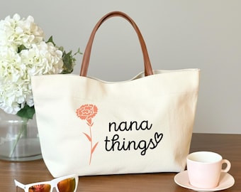 Nana Things Canvas Tote Bag with Custom Birth Flower, Personalized Floral Gift for Grandma
