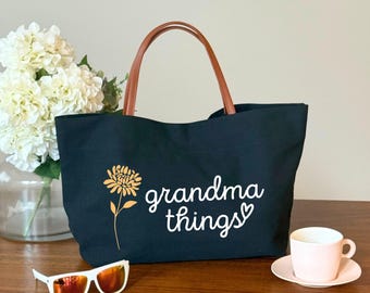 Grandma Things Canvas Tote Bag, Personalized Birth Flower, White | Black, Mom Gift