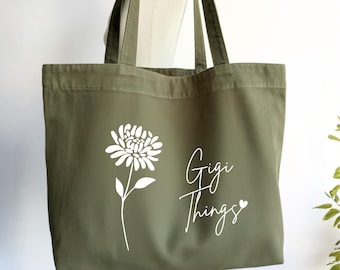 Gigi Things Tote, Personalized Birth Flower, Oversized Heavy Duty Canvas Bag Gift for Grandma