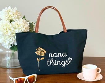 Nana Things Canvas Tote Bag with Custom Birth Flower, Personalized Floral Gift for Grandma