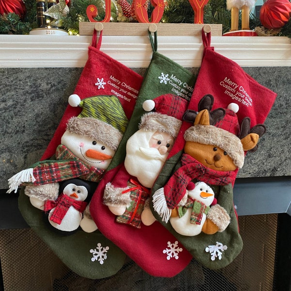 Personalized 3D Christmas Stocking, Santa, Snowman, Reindeer, Custom Family Stockings