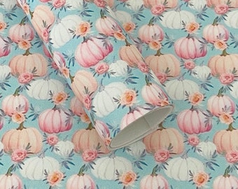 Pumpkin Faux Leather Sheet: Pastel print faux leather - Fall vegan leather - Pumpkins on vinyl - PVC
