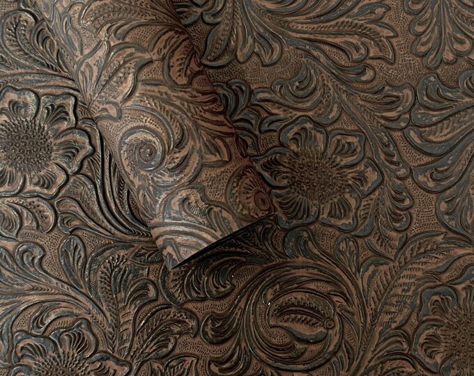 Embossed Brown Faux Leather Sheet: Southwest Floral Fabric - Brown ...
