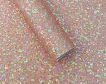 Peach Iridescent Glitter Faux Leather: Glitter faux leather - Faux leather glitter - Glitter marine vinyl - Glitter leatherette - Peach PVC