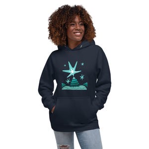 Sudadera con capucha de estrellas guía navideñas / Arte vintage / Verde y azul / Estrellas del nacimiento de Jesús / Regalo de Navidad unisex / Regalo de nochebuena