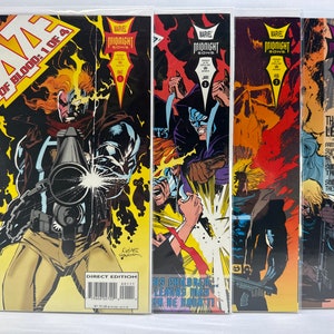 May include: A set of four comic books featuring the characters Blaze and the Midnight Sons. The covers feature action-packed scenes with the characters in various poses. The first comic book is titled "Blaze: Legacy of Blood: 1 of 4". The other three comic books are titled "Midnight Sons" and feature the characters Ghost Rider, Morbius, and Blade.