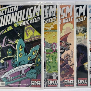 May include: A set of five comic books featuring the title "Action Journalism with Kate Kelly". The covers feature colorful illustrations of characters and scenes from the comic book series.