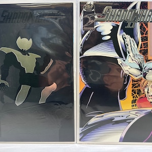 May include: Two comic books with the title "Shadowhawk II" on the cover. The left comic book has a black cover with a silver silhouette of a superhero. The right comic book has a colorful cover with a superhero in a silver helmet and a blue and black suit.