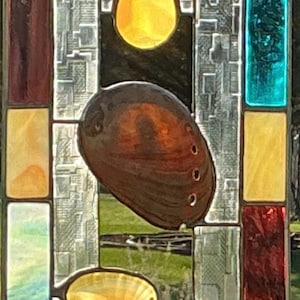 Stained Glass Panel with Pink Abalone Shell and Agate Slices
