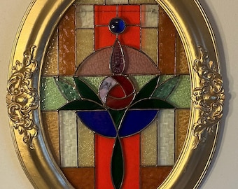 Ornate Vintage Gold Frame Stained Glass Panel
