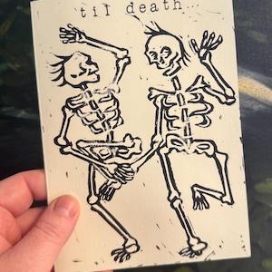オリジナルリノカットカード「死が私たちをパーティーするまで」面白い結婚式と記念日の手書きグリーティングカード
