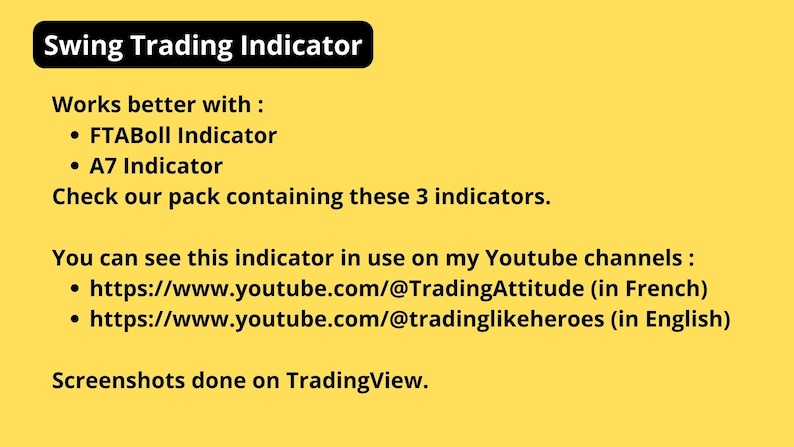K&ouml;nnte beinhalten: Ein gelber Hintergrund mit schwarzem Text, der "Swing Trading Indicator" lautet. Der Text erkl&auml;rt, dass der Indikator besser mit dem FTABoll-Indikator und dem A7-Indikator funktioniert. Er erw&auml;hnt auch, dass Sie den Indikator in Aktion auf den Youtube-Kan&auml;len @TradingAttitude (auf Franz&ouml;sisch) und @tradinglikeheroes (auf Englisch) sehen k&ouml;nnen.