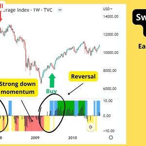 K&ouml;nnte beinhalten: Ein Diagramm, das den Dow Jones Industrial Average Index von 2007 bis 2010 zeigt. Das Diagramm zeigt einen starken R&uuml;ckgang im Jahr 2008, gefolgt von einer Erholung in den Jahren 2009 und 2010. Das Diagramm enth&auml;lt auch einen "Swing Trading Indicator", der die Trendentwicklung, die Dynamik und die Umkehrungen des Marktes anzeigt. Der Indikator ist mit "Swing Triggerv2" beschriftet.