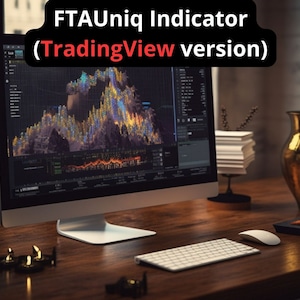 Puede incluir: Un monitor de computadora que muestra un gráfico colorido con el texto "FTAUniq Indicator (TradingView version)" en la pantalla. El monitor está sobre un escritorio de madera con un teclado blanco, un ratón blanco y un jarrón dorado.